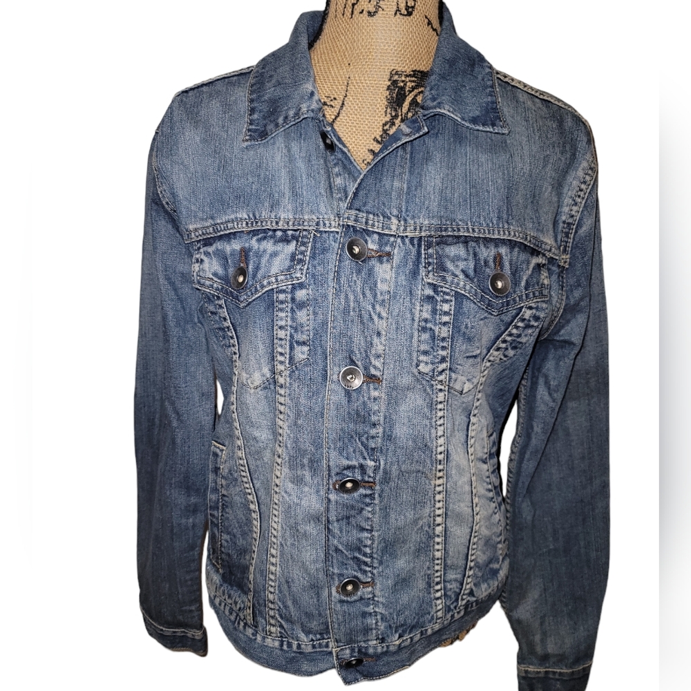 T.K. Axel Denim Blue Jean Jacket Button Up Faded Men's Size SMALL Retro Classic